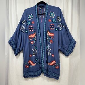 Curations Kimono Top Cardigan XS/S Blue Floral Embroidered Oversized Boho